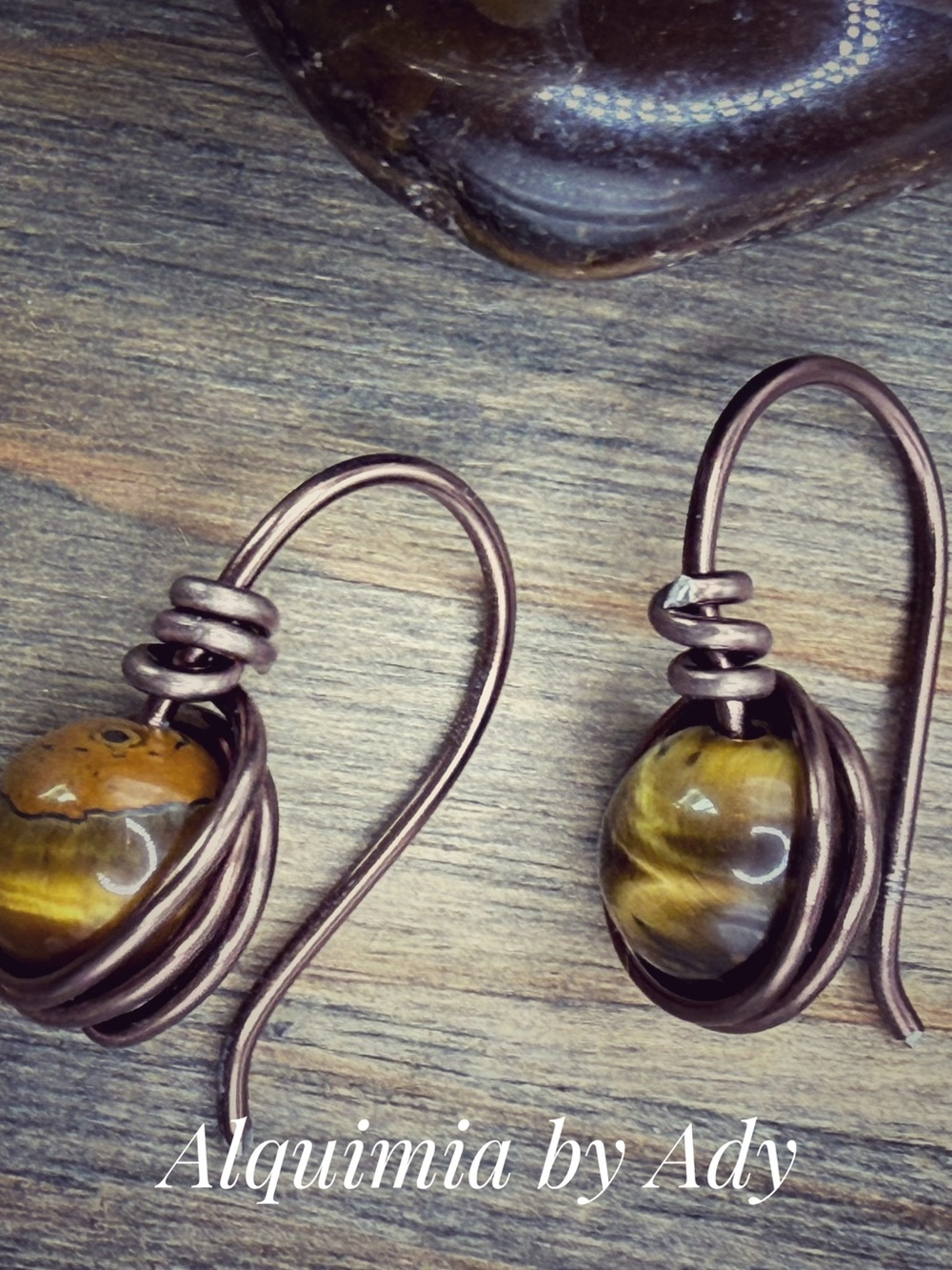Olive-Brown Tiger's Eye Wire-Wrapped Drop Earrings